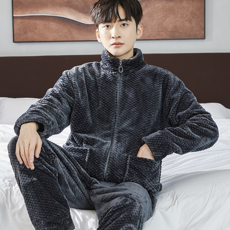 フランネルパジャマ男性は秋冬に保温襟ファスナーを厚くして長袖コーラルベルベットの住宅服カーディガンを厚くした