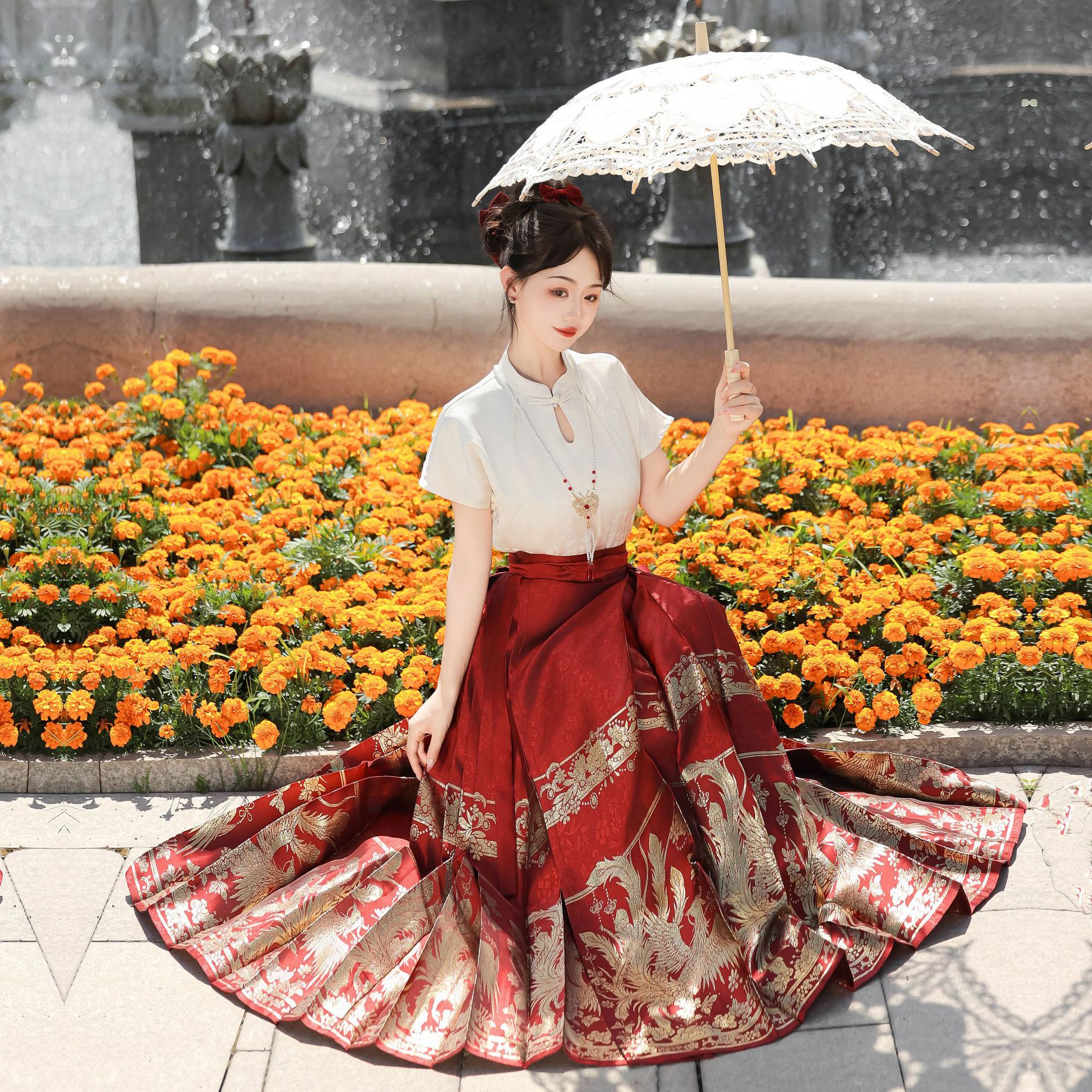 New Chinoiserie Buckle Stand Collar Short-sleeved Shirt Burgundy Woven Gold Phoenix Horse Face Skirt Han Dynasty Women's Wedding Dress Toast Suit