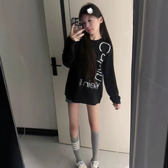 黑色字母印花纯棉长袖t恤女秋季新款潮牌内搭显瘦宽松打底衫上衣