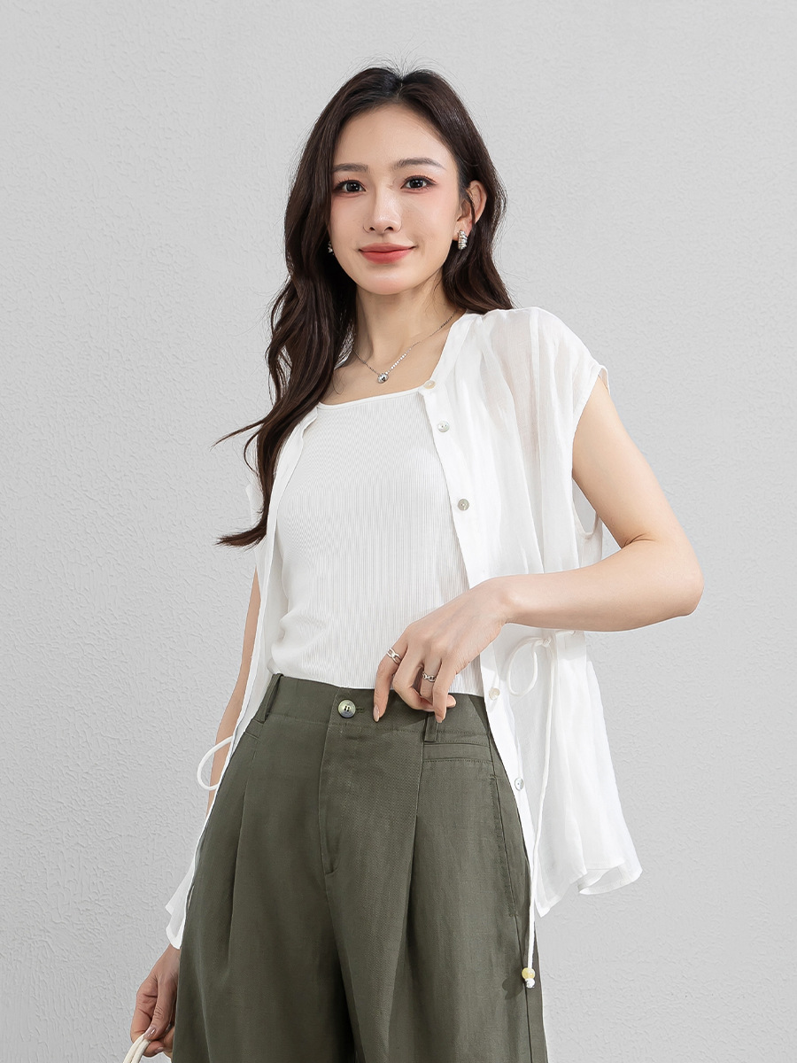 Áo sơ mi nữ linen tay không cổ đứng thắt eo dây rút thoáng mát — Ánh trăng trắng