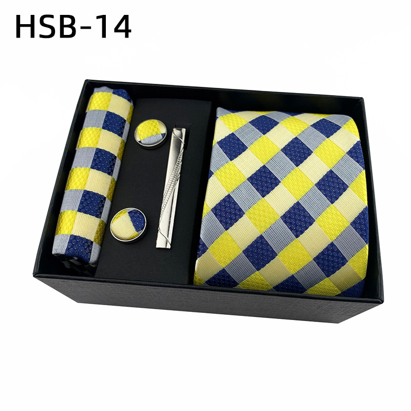 2025 nueva caja de regalo negra de negocios para hombres, corbata lisa a rayas, bufanda de bolsillo, clip de corbata, traje de regalo