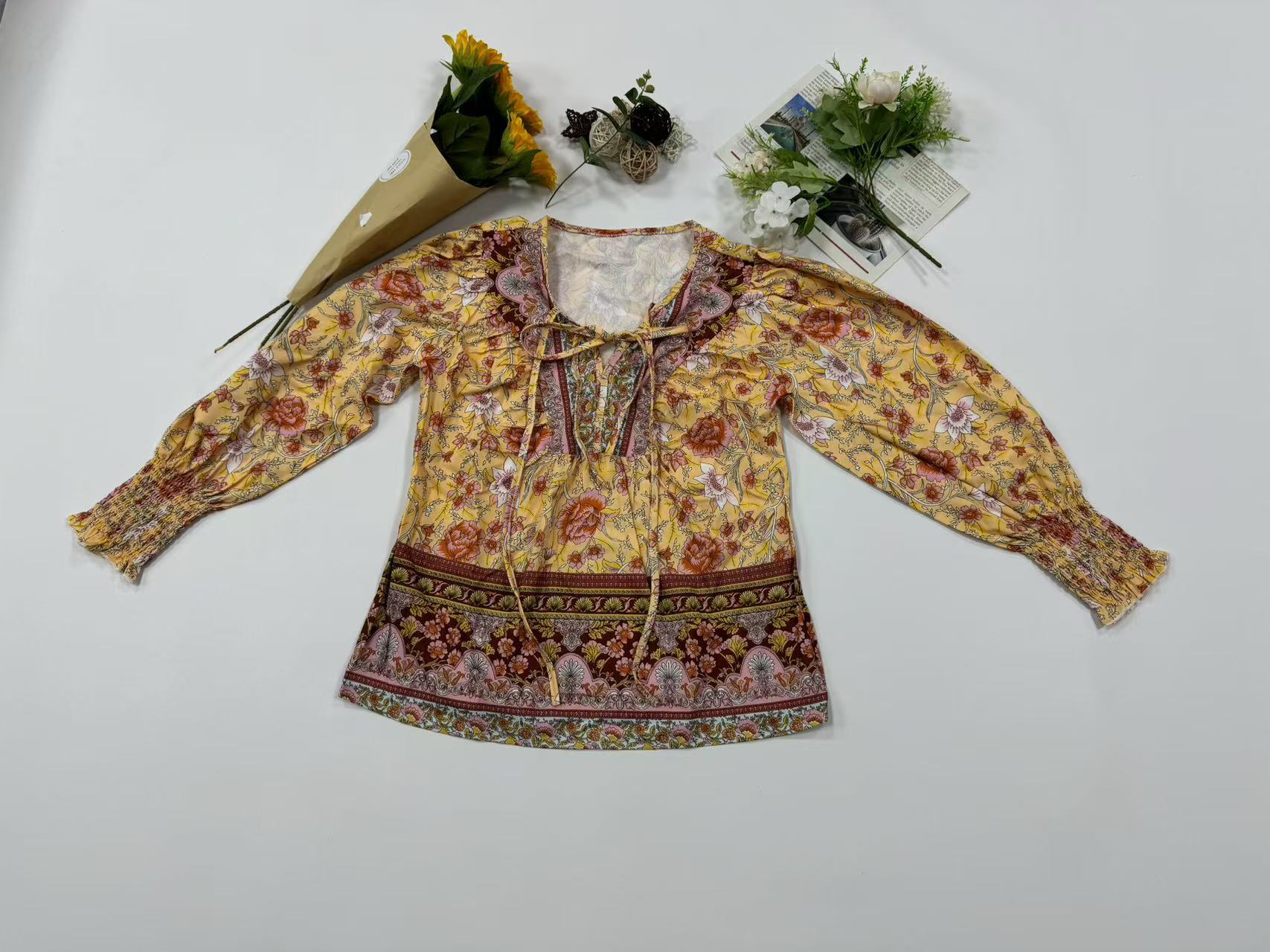 84g Weight Long Sleeve Sleeve Length Tie Placket Type Regular Sleeve Sleeve Type Viscose fiber Fabric Type Regular Top Length Blouse Tops Type Holiday, Banquet, Selfie Occasion V Neck Neckline Loose Fit Type Printing Pattern Summer, Spring, Autumn Season Women's Gender Vintage Style, Bohemian Style Wholesale Women's Vintage Style Bohemian Printing Long Sleeve Blouses 13