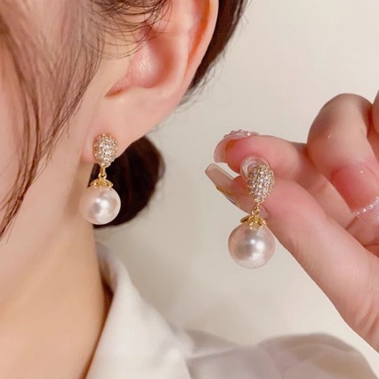 Micro-Inlaid Zircon Water Drop-Shaped Pearl Earrings for Women, Fashionable, Light Luxury, Elegant, Gentle, Versatile Earrings, Wholesale