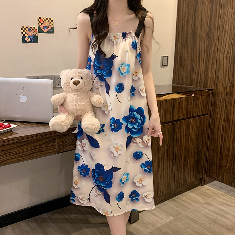 Plus-Size New Spring/Summer Ultra-Soft Ice Silk Pajamas for Girls, Printed Camisole Dress, Loungewear 100kg Wearable