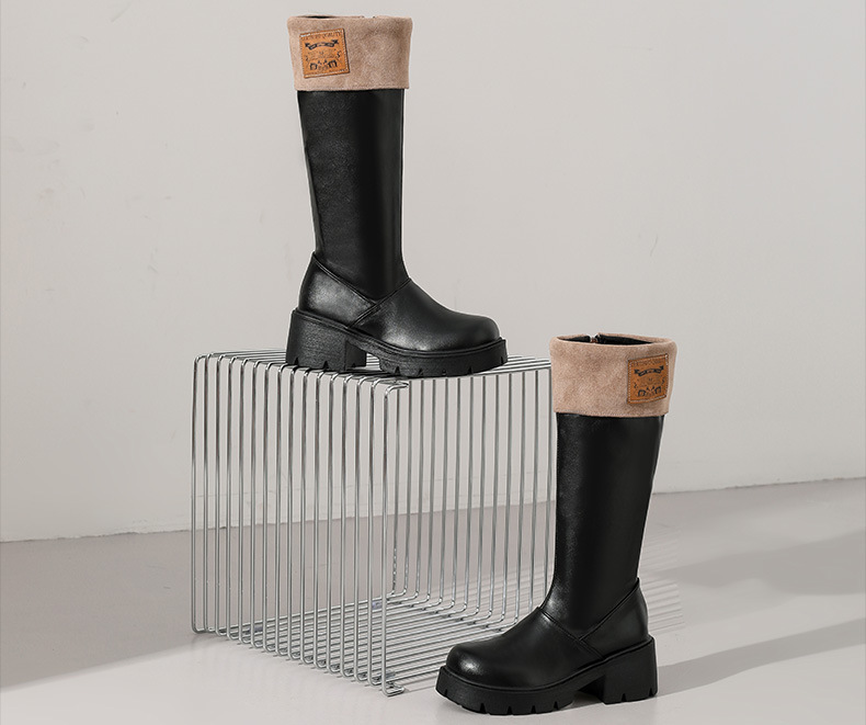 Damen Cowboy Stiefel Mit Fleecefutter Und Breitem Absatz_voghion.com