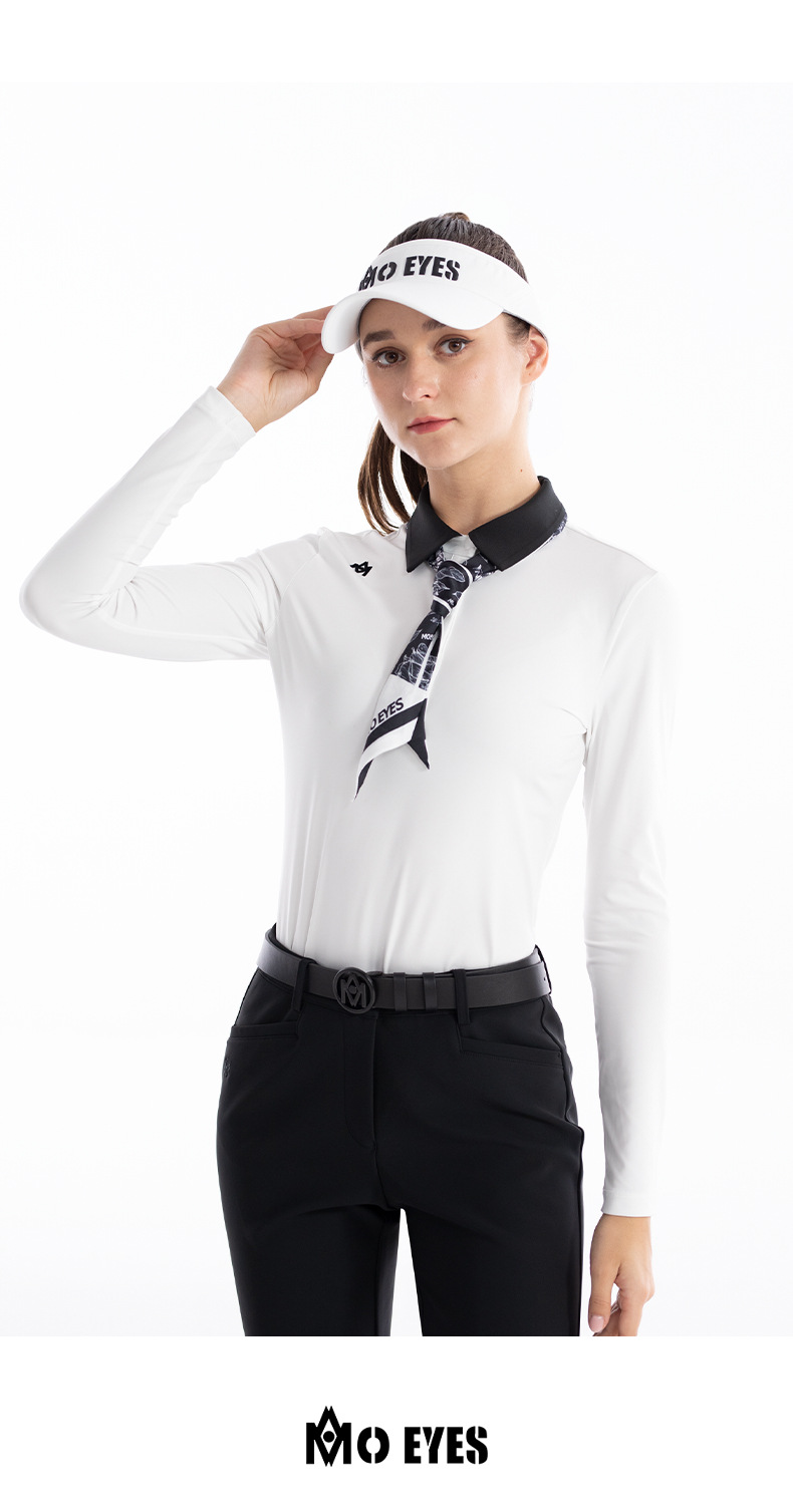 Áo golf nữ dài tay thắt nơ MO EYES vải co giãn thể thao thu đông — M23YF023-Trắng [phối với khăn lụa], M23YF023-Đen [với khăn lụa], M23YF019-Áo màu đen, M23YF019-Áo màu trắng chi tiết 19