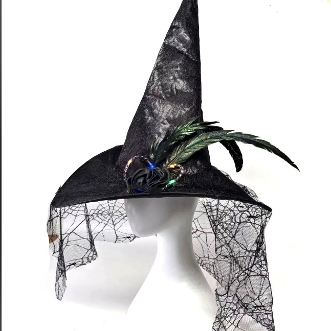 新しいハロウィンレース魔女帽子パーティーマジック帽子黒ライト付き魔女帽子メイクアップ小道具|undefined