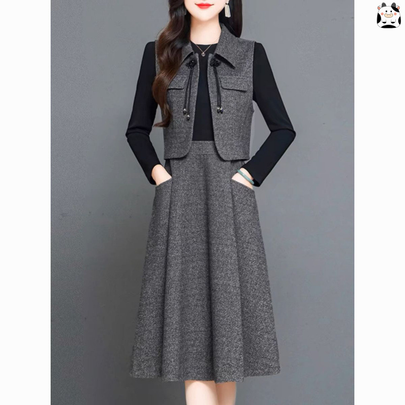 时尚洋气马甲外搭连衣裙两件套女2025秋冬显瘦减龄套装裙子a字裙