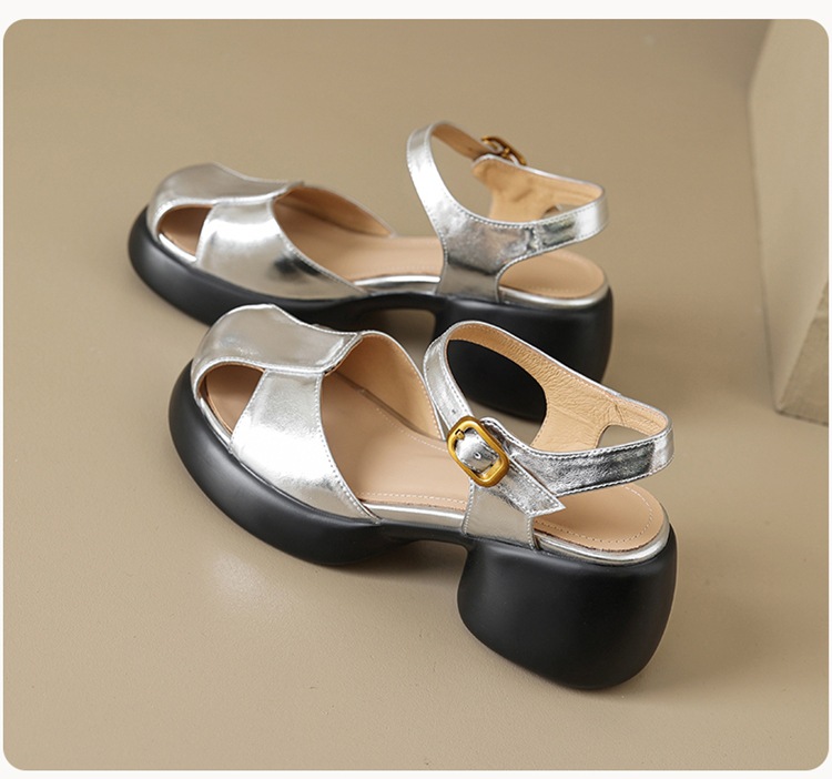 Sandal cao gót nữ bít mũi da cừu gót thô kiểu La Mã đế dày quai ngang — Màu trắng be chi tiết 28