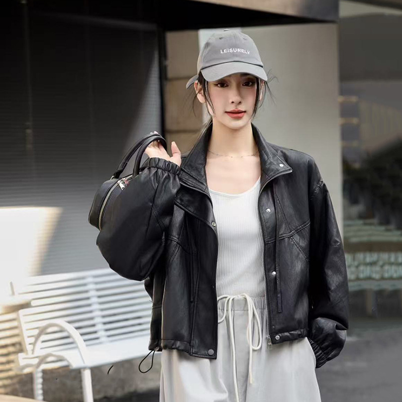 Stand Collar Drawstring Protein Leather Soft Loose Motorcycle Leather Jacket for Women 2025 Spring New Pure Color Versatile Jacket