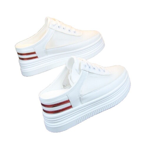 2026 spring and summer new style hollow breathable thick sole small white shoes women's inner height-increasing true soft leather half-support heelless one foot pedal