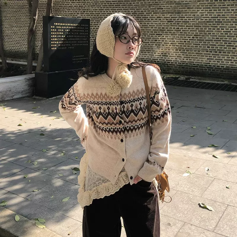 25秋冬新款复古百搭费尔岛花纹提花羊毛针织开衫宽松上衣女菱格