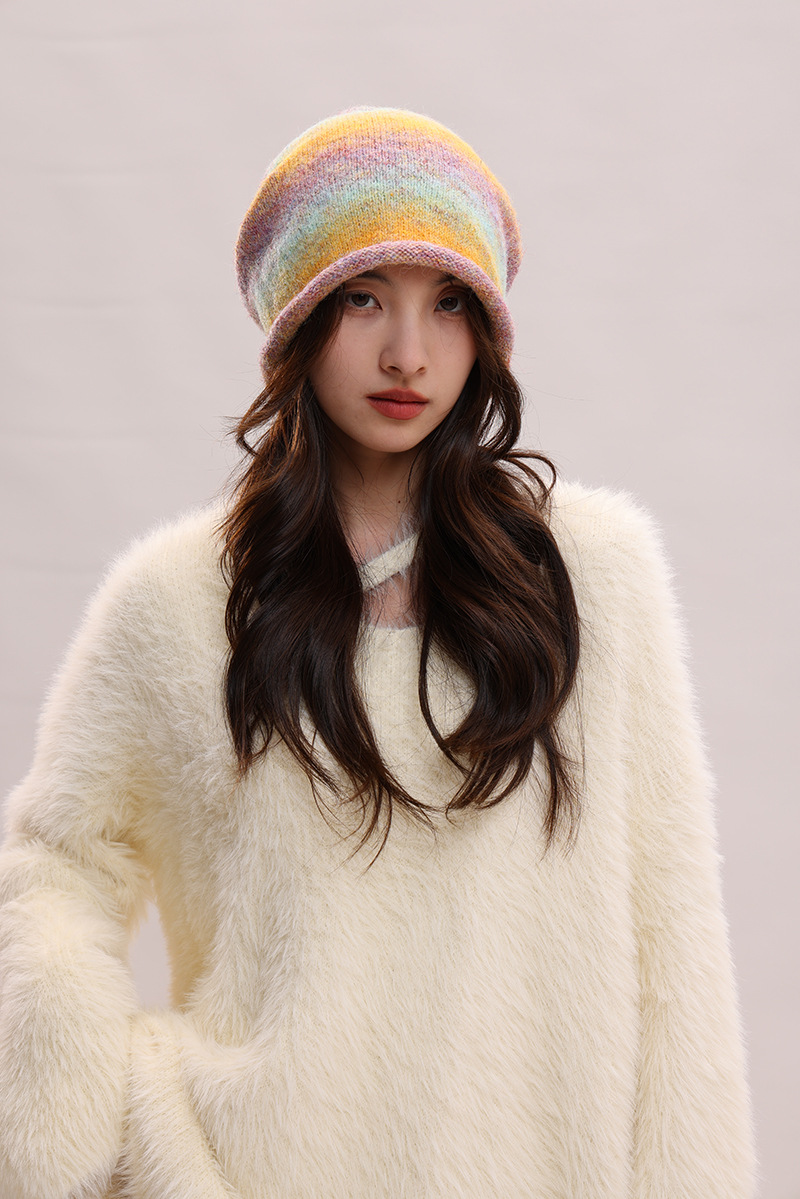 Dopamine Colorful 2025 Herbst/Winter Großer Kopfumfang Gesicht schmeichelnde Strickwolle Modische vielseitige warme Fleecemütze_voghion.com
