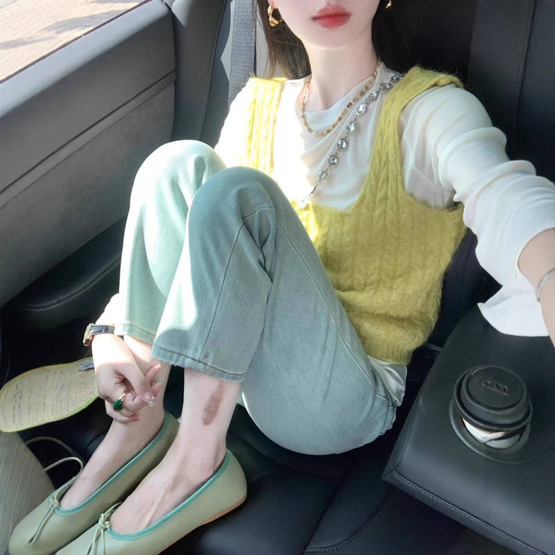 Cream Yellow Square Collar Twist Knitted Vest Shirt Stacked Waistcoat Women's Summer Small Outer Waistcoat Wool Top