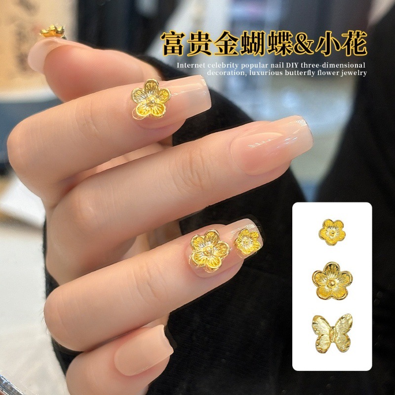 Golden Luxurious Flower Butterfly Metal Five-Petal Flower Nail Decoration Wholesale Hot Stamping Gold and Silver Color