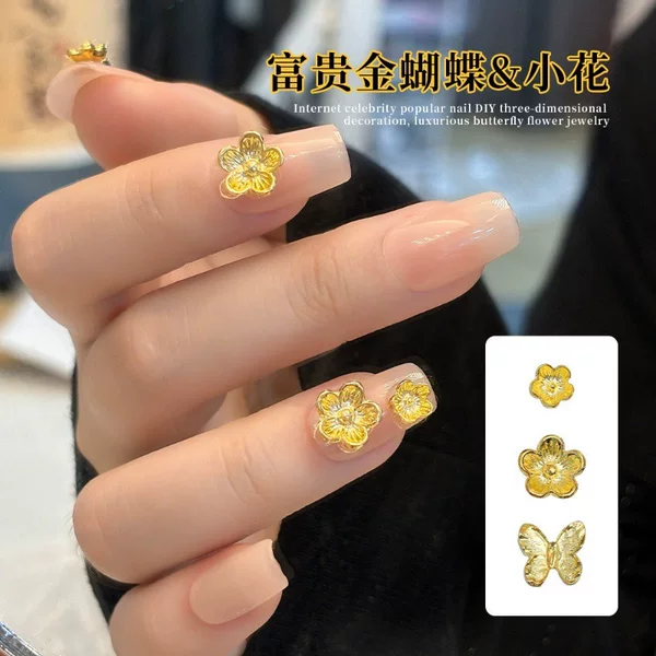 Golden Luxurious Flower Butterfly Metal Five-Petal Flower Nail Decoration Wholesale Hot Stamping Gold and Silver Color
