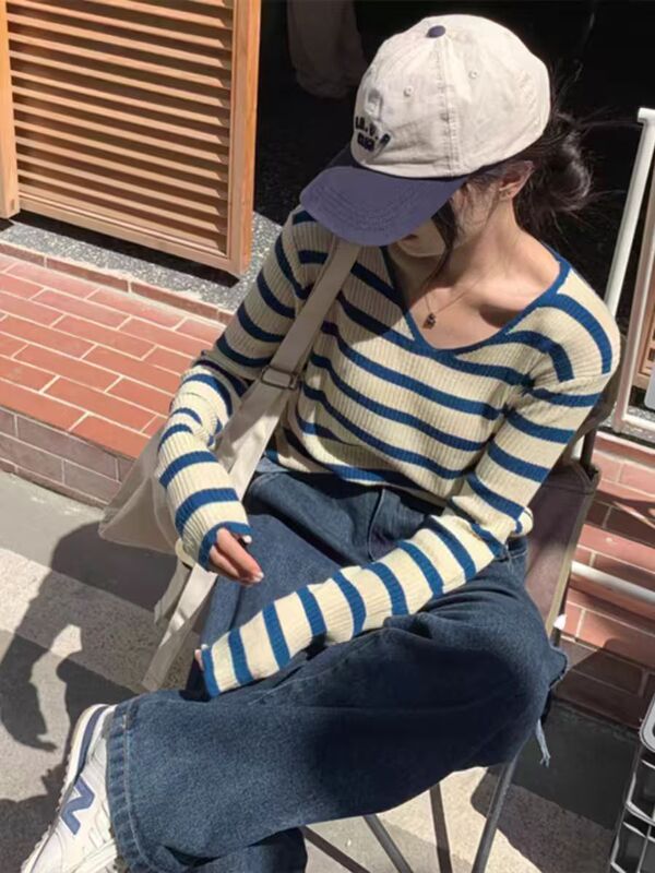 法式v领条纹正肩长袖针织衫女春秋内搭毛衣打底衫设计感小众上衣|undefined