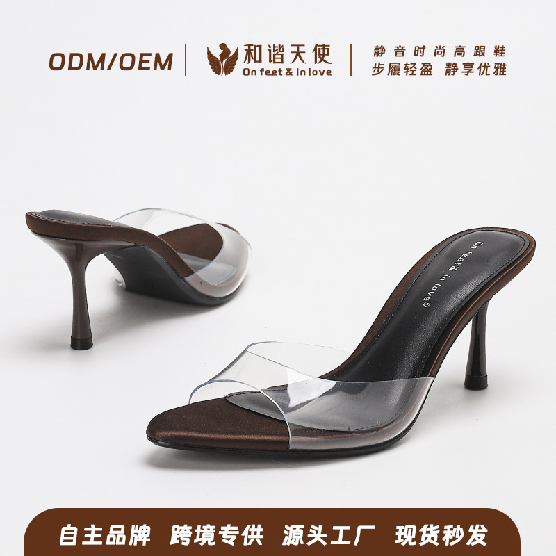 2025 Summer New Fashion European and American Style Pointed Toe Open Toe High Heel Sandals for Women with Stiletto Heels Simple One-Strap Slippers