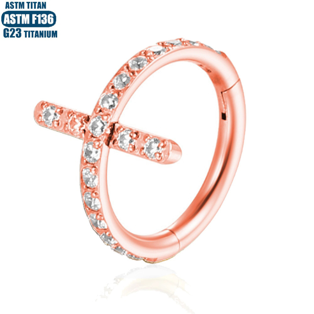 F136 Titanium Nose Ring Seamless Cross Zircon Piercing Jewelry Septum Ring Rose Gold detail image 10