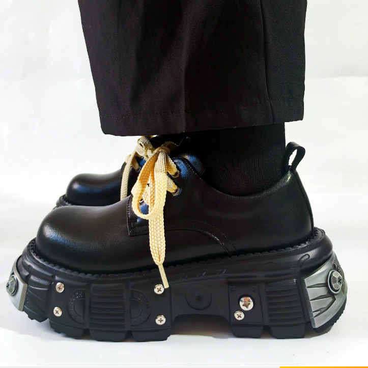 厚底德比鞋牛皮男潮鞋英伦黑色大头鞋增高小众vibe高级感休闲皮鞋