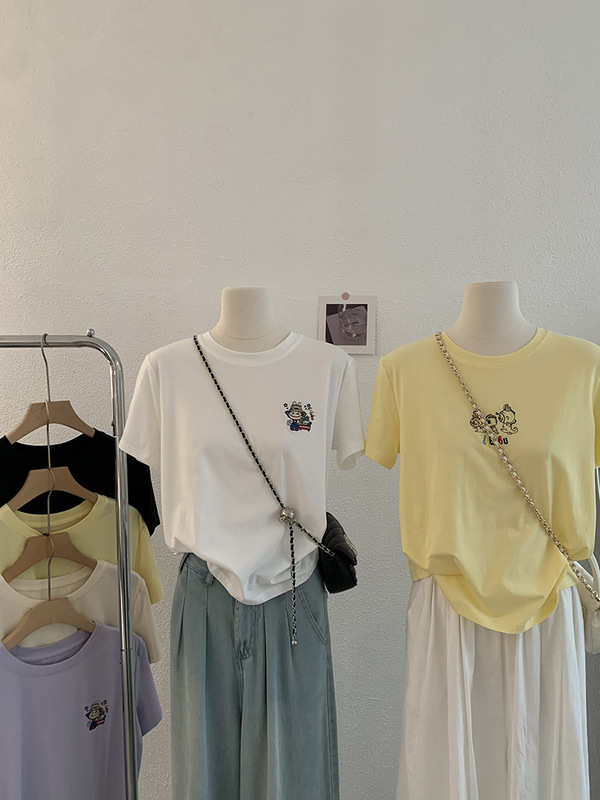 Omalai アニメ漫画刺繍柄ラウンドネック半袖ストレートショルダー Tシャツトップ夏韓国語版女性 4015|undefined
