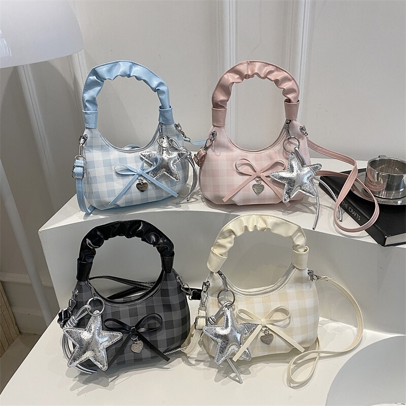 Trendy Plaid Fresh Style 2026 Star Pendant New Casual Chic Personality Single Shoulder Crossbody Handbag for This Week