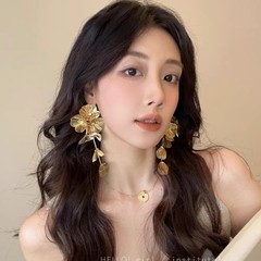 复古新中式金色流苏花朵耳环个性夸张高级感长款耳坠耳钉新娘耳饰