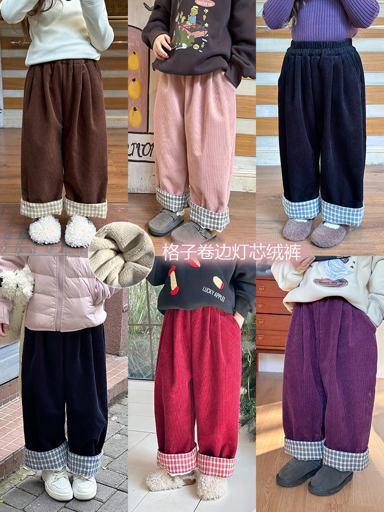 [velvet] aimo baby boys and girls casual pants korean style fashionable plaid curling corduroy pants fashion