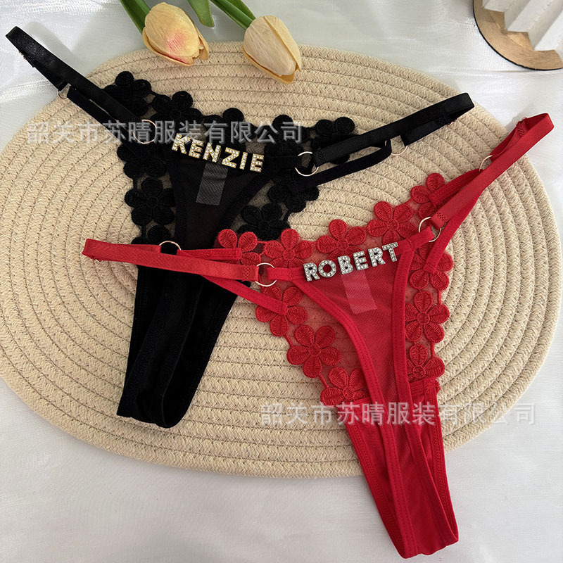 Cross-Border Popular Custom Thong Sexy See-Through Personalized Rhinestone Letter Flower Panties Adjustable T-Pants