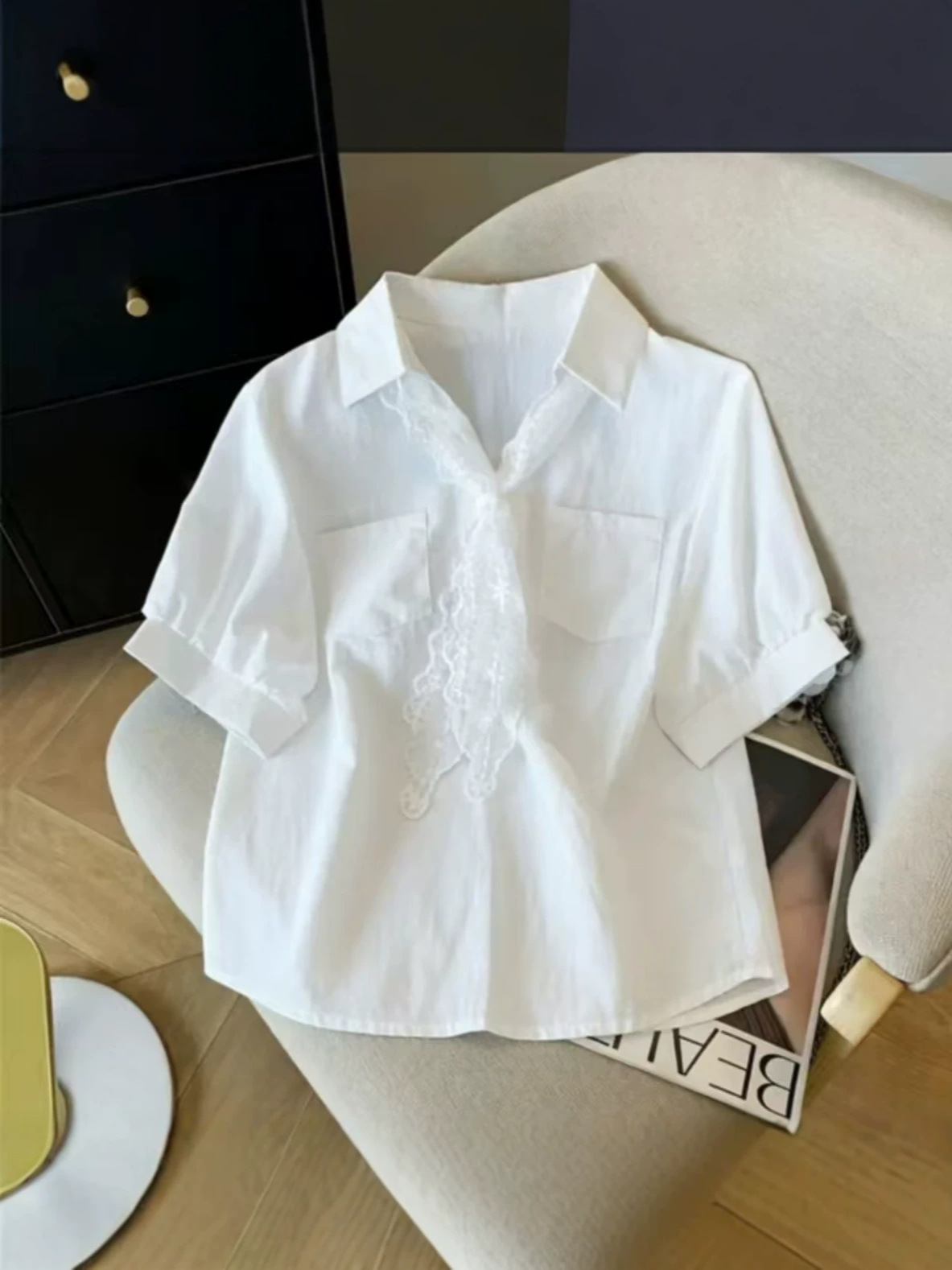 Áo sơ mi nữ tay ngắn cổ ren khăn quàng phong cách Pháp — xanh lam
