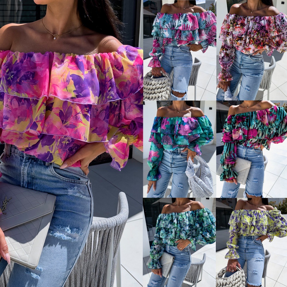 210g Weight Long Sleeve Sleeve Length Regular Sleeve Sleeve Type Polyester Fabric Type Regular Top Length Blouse Tops Type Holiday, Beach Occasion Boat Neck Neckline Regular Fit Fit Type Printing Pattern Summer Season Women's Gender Vacation Style Wholesale Women's Vacation Printing Long Sleeve Blouses 无
