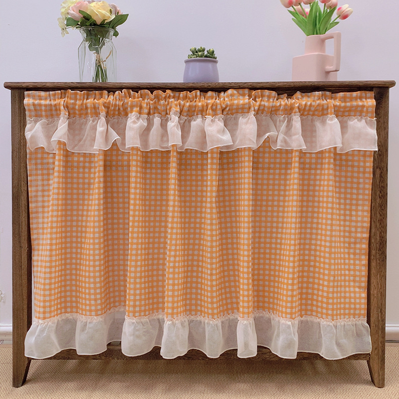 American Coffee Curtain Short Curtain Half Curtain Punch-free Door Curtain Double-layer Hemp Gauze Lace Curtain Fabric Style Water Curtain Gauze Curtain
