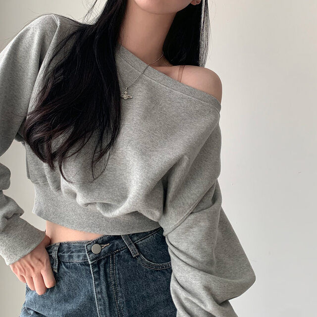 South Korea chic autumn and winter niche temperament off-shoulder loose casual all-match short long sleeve solid color sweater for women