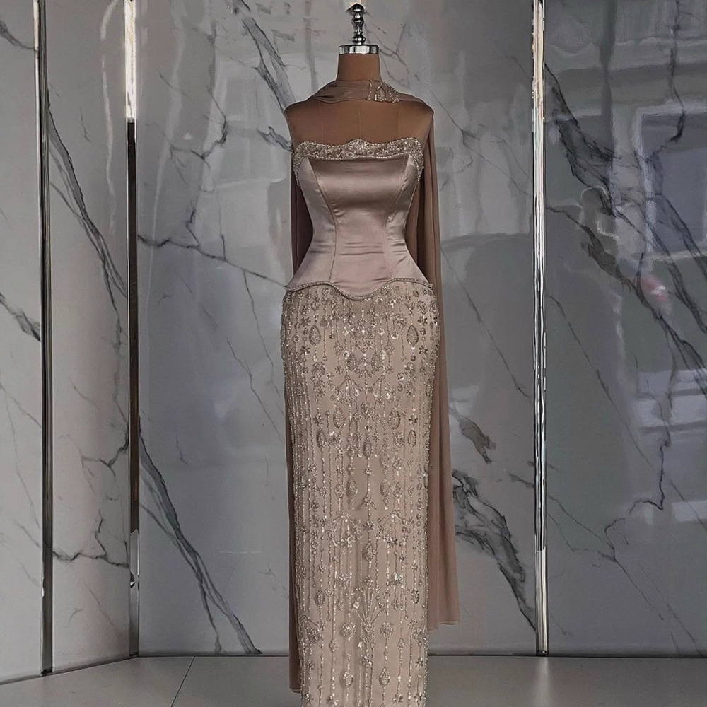 Foreign Trade Caramel Satin Beaded Evening Dress Classy Waist Slimming Look Art Exam Solo Long Skirt La72805C