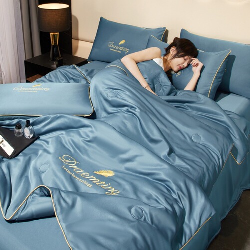 Embroidered quilt summer washed ice silk air-conditioned quilt summer cool quilt light luxury three-piece set four-piece pillowcase summer summer dormitory