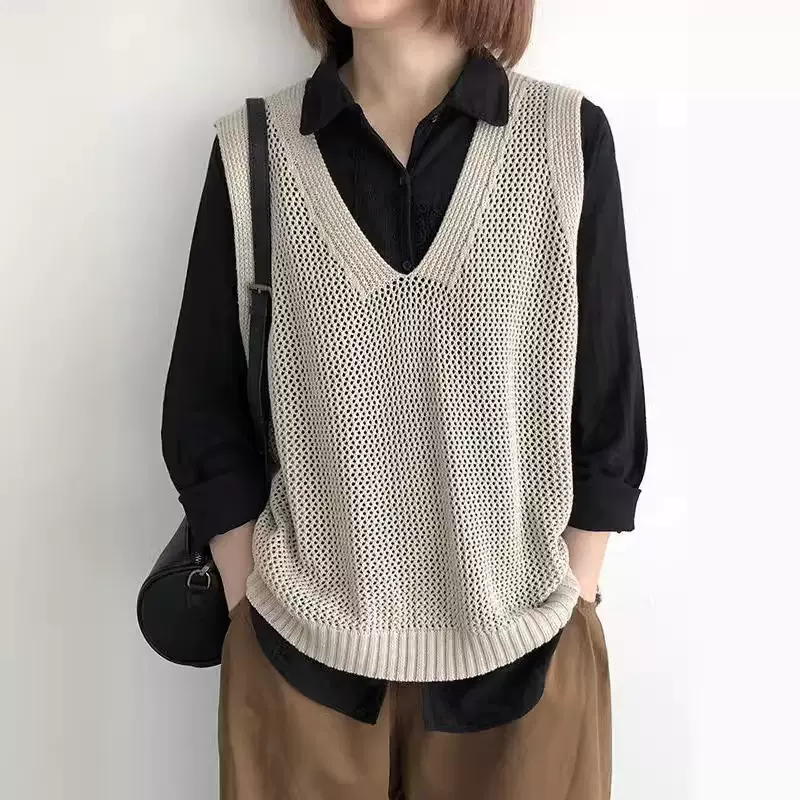 复古纯色V领针织马夹背心女春秋新款文艺宽松百搭毛衣马甲坎肩女