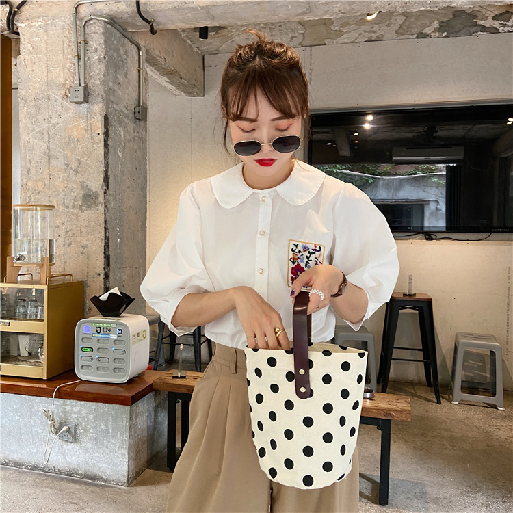 Medium Size Women's Medium Canvas Round Dots Smile Face Cute Bucket Open Handbag