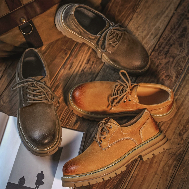 Весенние новые мужские кожаные туфли из свиной кожи, британское Ретро, низкая платформа, увеличенная Нескользящая Повседневная рабочая обувь, Мужская Универсальная
