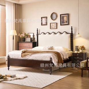 French-Style Vintage Solid Wood Bed, Antique-Style Double Master Bedroom 1.8m Ripple Bed, American-Style 1.5m Storage Soft-Back Wedding Bed