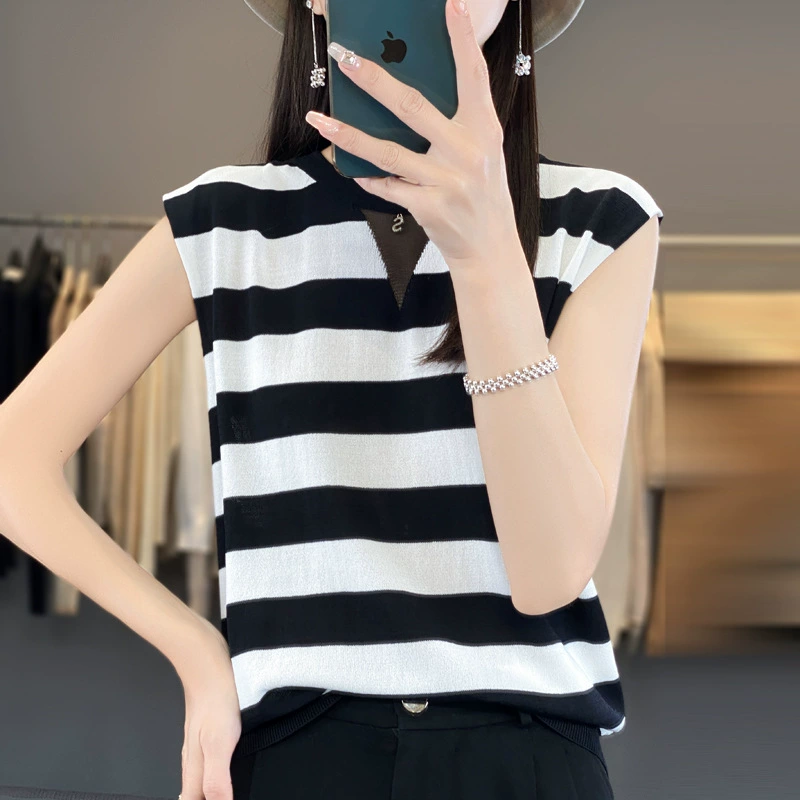 Лето 2024 новый Tsili с круглым вырезом из полой сетки трикотажный свитер без рукавов жилет женский свободный дикий топ