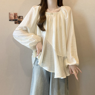 plus size Women's Wear Slight Fat Sister Temperament Gentle Style Slimming Flesh Covering Irregular Hem Long Sleeve Doll Shirt