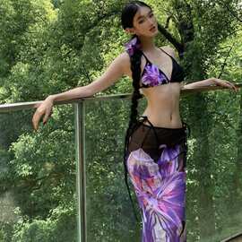 新款外贸跨境欧美风性感印花三件套泳衣亚马逊魅力百合定版印花款