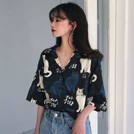 复古雪纺衬衫女短袖宽松慵懒港风垂坠感印花衬衣夏季新款领上衣