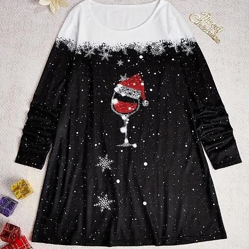 European and American cross-border plus size women's Christmas dress fashion Street outdoor Christmas long sleeve loose black and white dress European and American cross-border plus size women's Christmas dress fashion Street outdoor Christmas long sleeve loose black and white dress