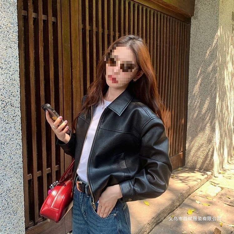 Black Leather Retro Motorcycle American Autumn Style Jacket Women's Leather Jacket Loose Short Style Dark Burgundy Spandex