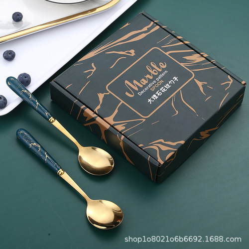 Manufacturer wholesale Internet celebrity creative stainless steel spoon household dessert spoon soup rice spoon marble pattern gift box set