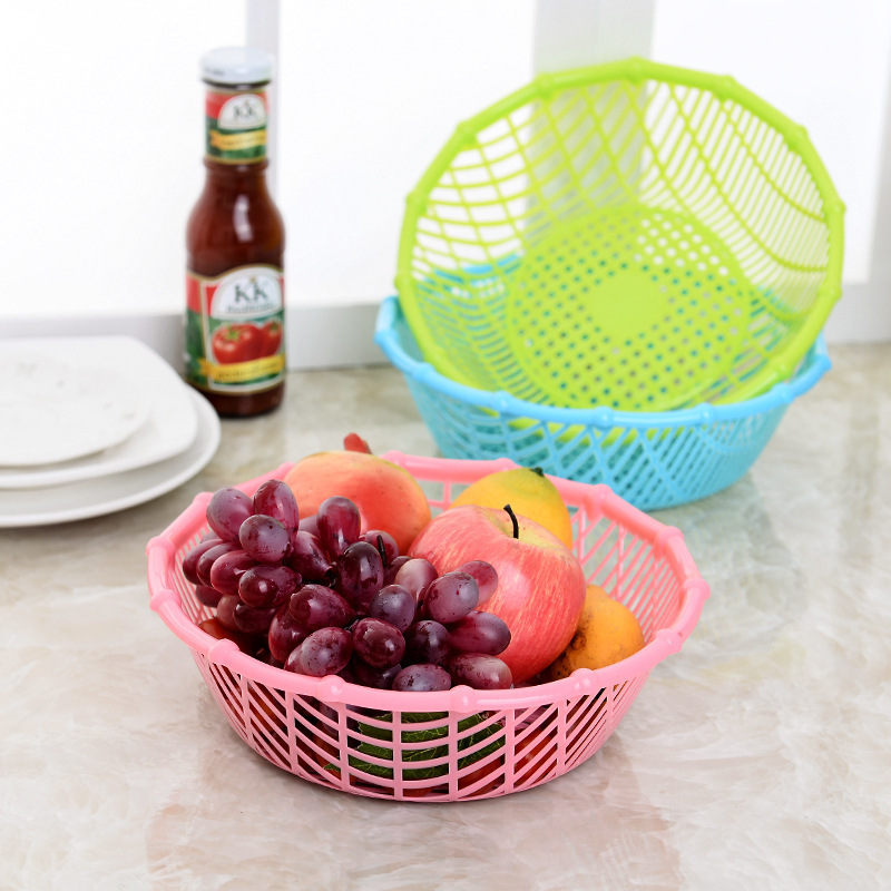 Directo de fábrica hueco engrosada cesta de drenaje cocina redonda cesta de lavado de vegetales cesta de frutas de plástico de almacenamiento de frutas azules y cesta de verduras