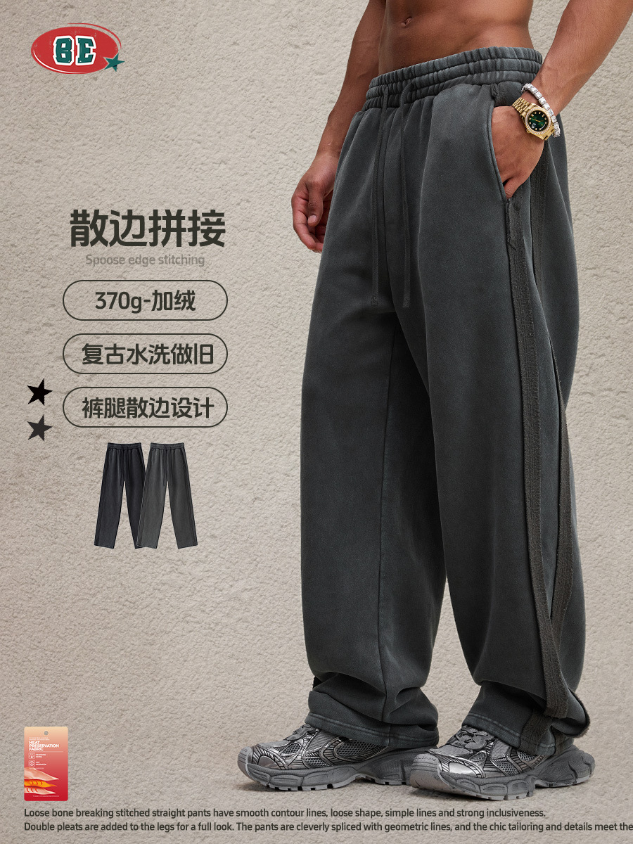 BE Pantalones deportivos informales holgados de pierna recta con forro polar y borde deshilachado para hombre, marca europea y americana de moda, estilo urbano, con diseño de copo de nieve, 2025