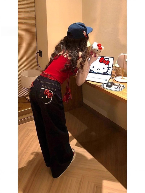 小众辣妹kitty猫刺绣格子拼接牛仔裤女休闲宽松直筒阔腿工装裤|undefined