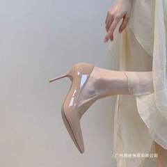漆皮尖头裸色高跟鞋女气质名媛2025年新款职业黑色细跟不累脚单鞋